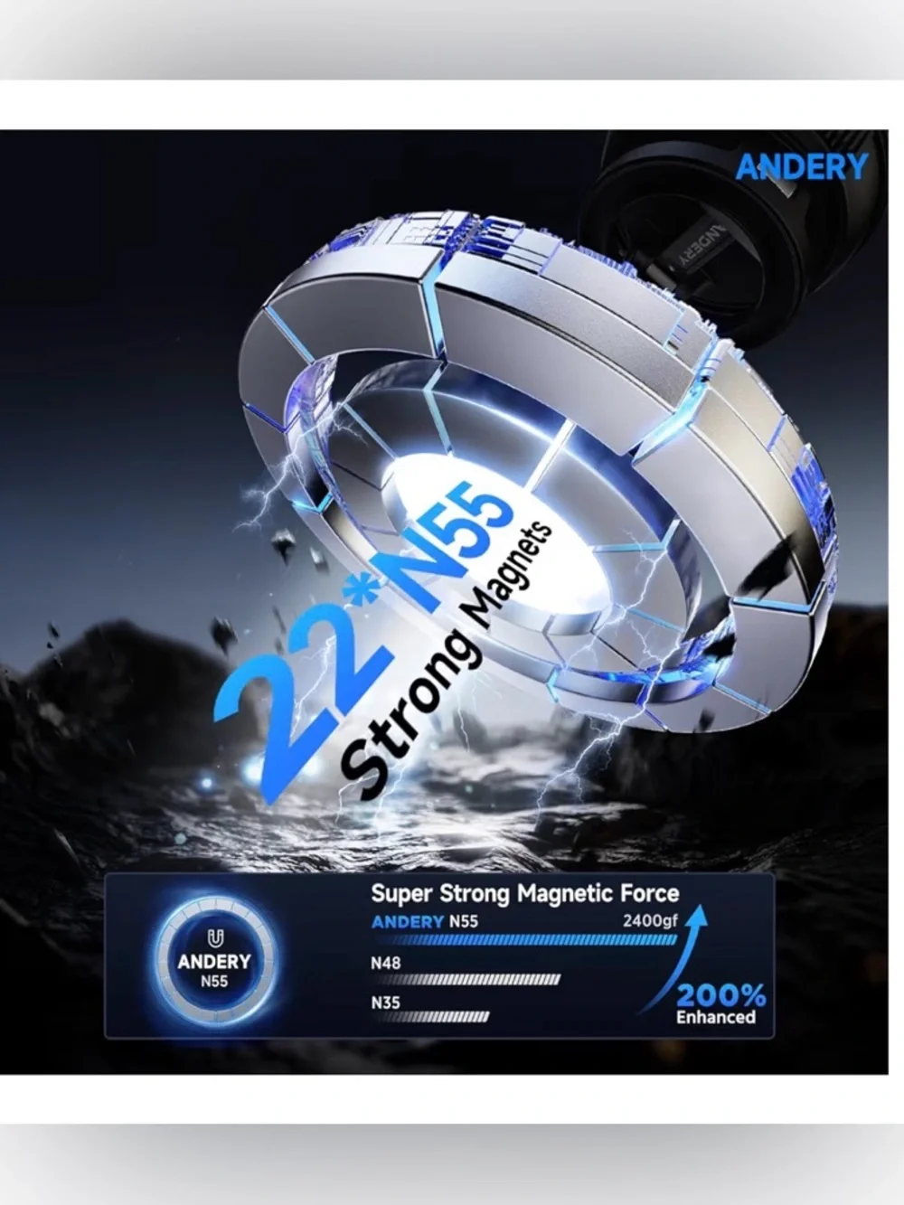 ANDERY N55 Super Strong Magnetic Phone Ring - Silver & Blue